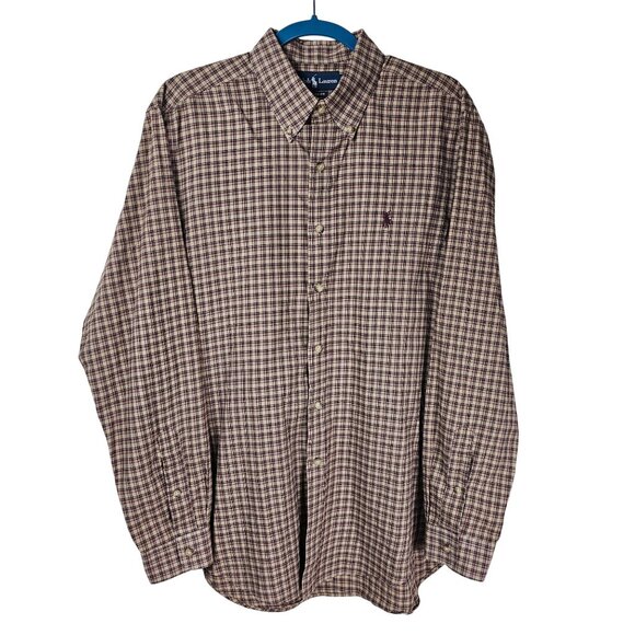 Ralph Lauren Classic Fit Plaid Button-Down Shirt L Beige Purple Preppy Academia - Picture 1 of 9